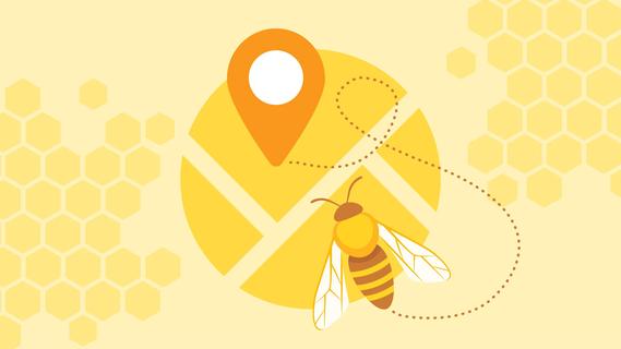 Honey bee flying toward a location, with honeycomb patterns