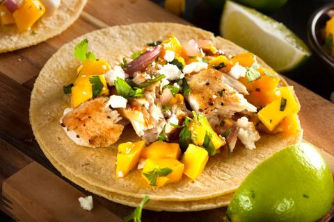 open-faced taco topped with grilled red snapper and mango salsa