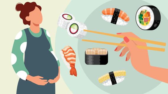 Pregnant woman looking at sushi options floating over a plate, with a hand holding chopsticks
