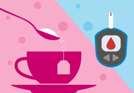 Spoon dropping artificial sweetener into cup of tea, while diabetes test strip floats at right.