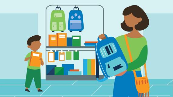 Caregiver and child picking out school supplies