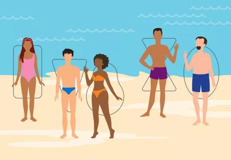 Different people on beach with a variety of body shapes.