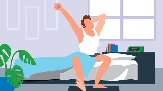 Man waking up in the morning, sitting on edge of bed, stretching