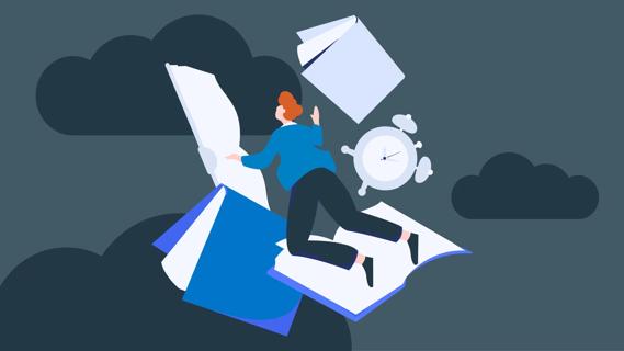 Person floating among open books with a clock passing time