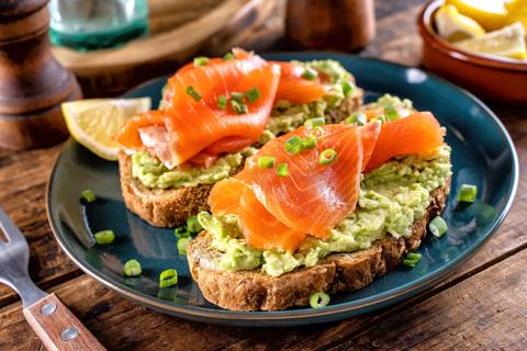 Salmon avovado toast on a plate