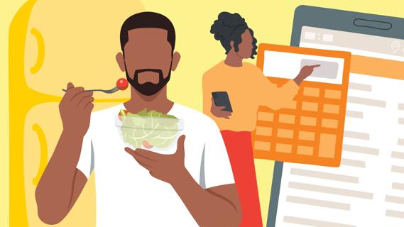 Person eating a salad, with another person calculating calories in background
