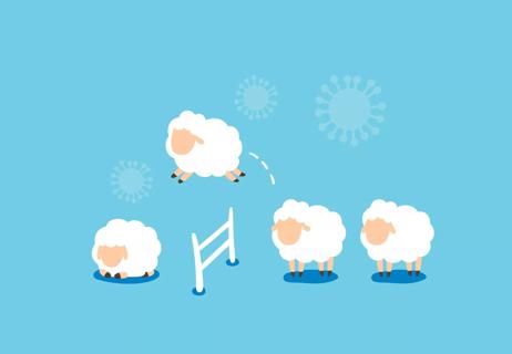 An illustration of sheep jumping over a fence.