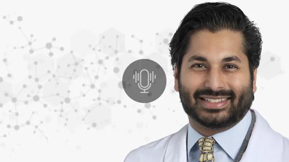 Dr. Ashutosh Mahapatra against a decorative background with podcast button overlay