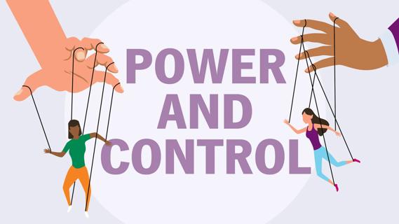 Power and Control, with two hands with two human marionettes on strings