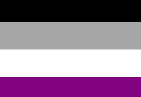 The asexual pride flag with stripes of black, grey, white and purple from top to bottom.