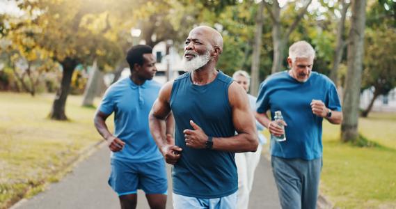 Group of older people running outside