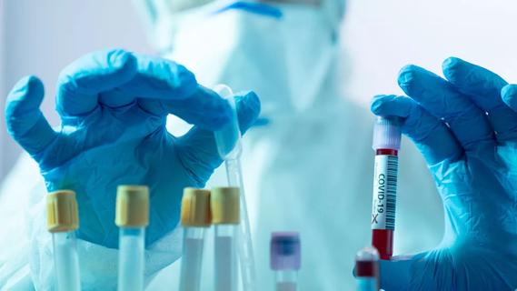 Close-up of hands in lab gloves sorting vials and covid-19 blood sample