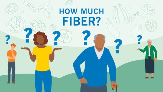 Various people of ages and sexes, with question marks and fiber-rich foods around them
