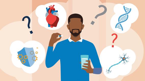 Person holding glass of water, holding up a pill, with health issues and questions around them