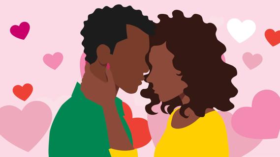 An embracing couple, forhead to forhead, with hearts all around