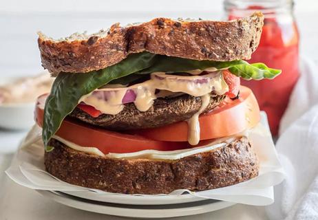 Portobello Sandwich with dijon vinaigrette on multigrain bread