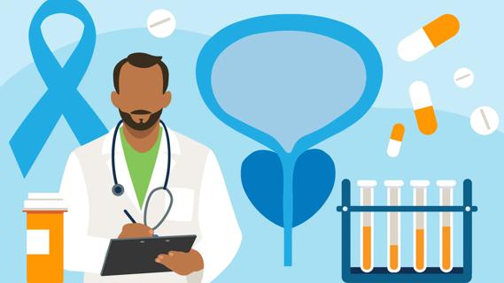 Healthcare provider with clipboard, with lab vials, meds, oversized prostate and prostate cancer ribbon