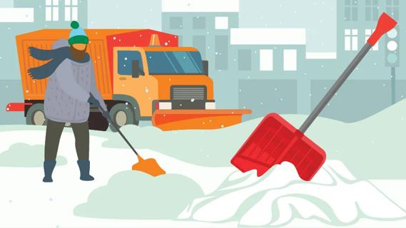 Person shoveling snow, with snow plow truck in the background and a large red shovel in the snow in foreground