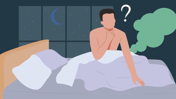 Person sitting up in bed at night, with question mark above head and a green cloud of gas