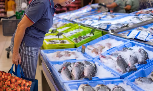 Person looking over fresh fish at a market