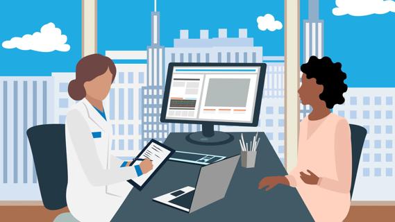 Female patient sitting across healthcare provider's desk, discussing health