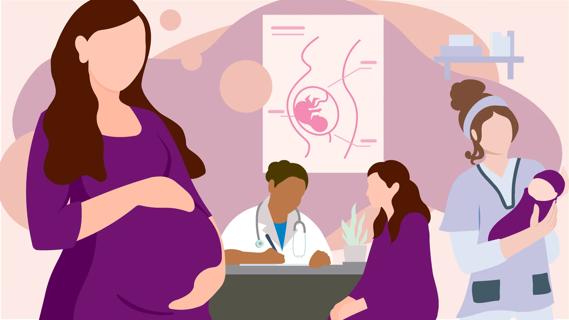 regnant woman in foreground, with gynecologist versus a midwife for birthing options