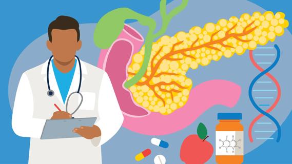 Healthcare provider with clipboard and pen, with oversized pancreas, medicine, genetics