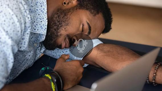 photo of a man sleeping at a desk, with a podcast icon overlay