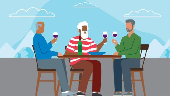 Three older people having glasses of wine together