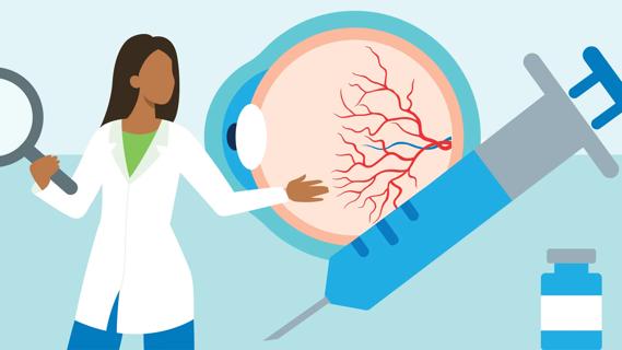 Healthcare provider holding oversized magnifying glass, with oversized syringe and bloodshot eye