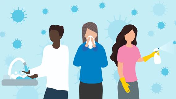 People practicing safe hygiene to ward off sickness, like washing hands and disinfecting