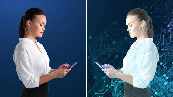 Twin images of woman holding smart phone; second images has lots of imagery of a digital matrix in background.
