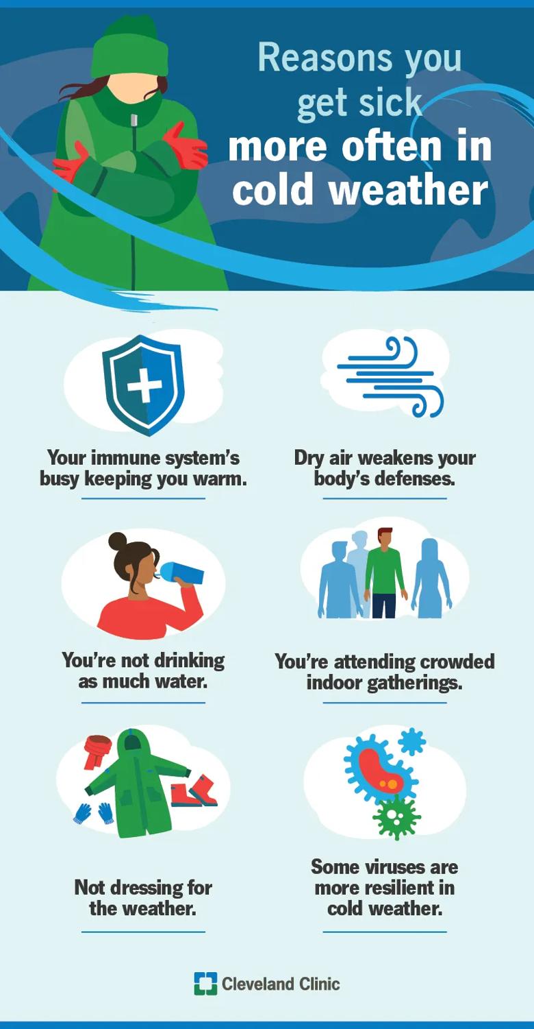 Reasons you may get sick in cold weather, like dry air, weakened immune systems, dehydration, dressing poorly for the weather