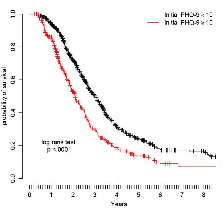 Kaplan-Meier curves: ALS patients with PHQ-9 score ≥ 10 have shorter survival. (Thakore and Pioro, © 2016 AAN)