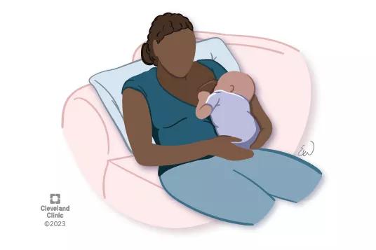 Person sitting on couch leaning back on pillow while baby breastfeeds
