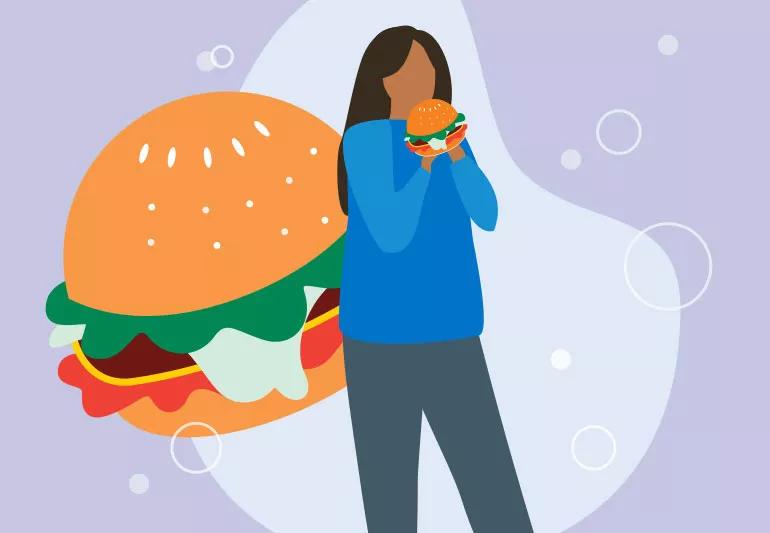 ilustração de uma moça comendo fast food