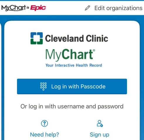 MyChart login with password screen