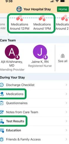 A screenshot of the MyChart app with medications, medication schedule and test results highlighted