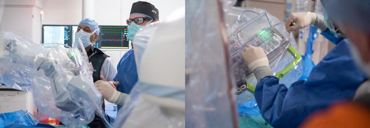 Left: The articulated robotic arm mounted to the cath lab table. Right: Sterile cassette attached to the robotic arm.