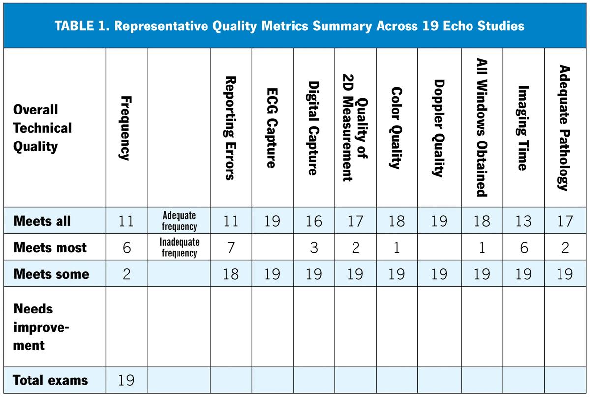 tabular chart listing echocardiography quality metrics