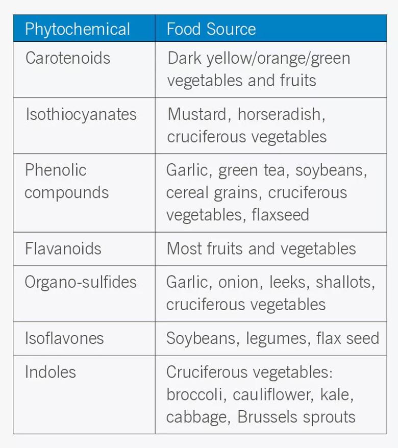 A table listing the phytochemicals and the food sources from which they can be found.