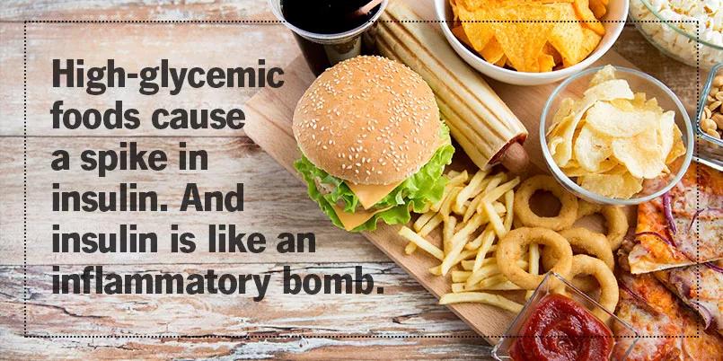 High-glycemic foods cause a spike in insulin. And insulin is like an inflammatory bomb.