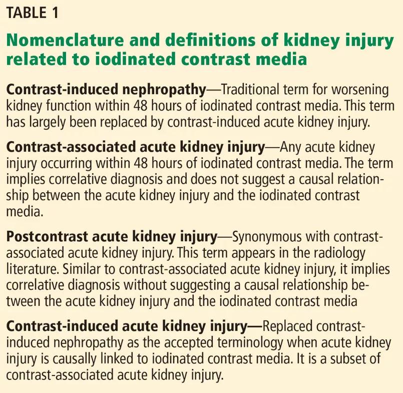table describing definitions of kidney injury 