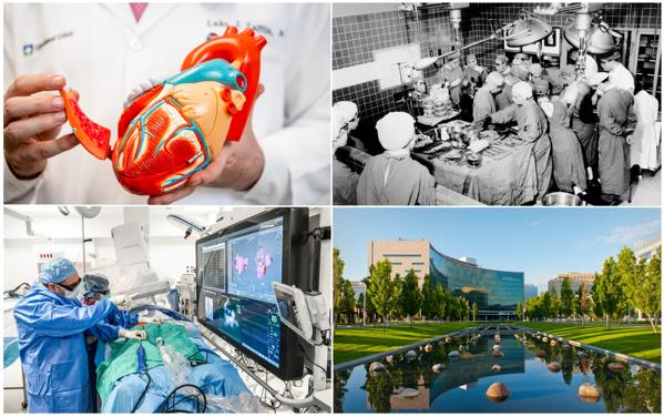 Photos of the heart institute building, a 3D heart model, a historic surgery and a modern surgery. 