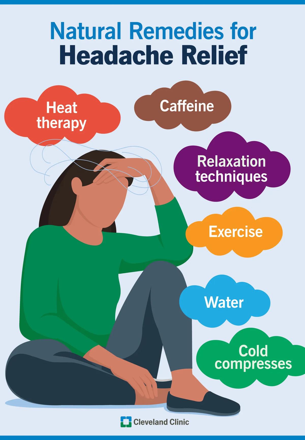 Medicine-free remedies for headache relief include cold compresses, caffeine and water