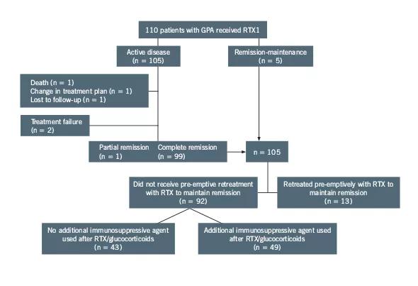 Figure 1. Disease course and additional therapies after the first RTX treatment (RTX1). The additional immunosuppressive agent used was either azathioprine (AZA), methotrexate (MTX) or, if AZA or MTX were not tolerated, mycophenolate mofetil (MMF).