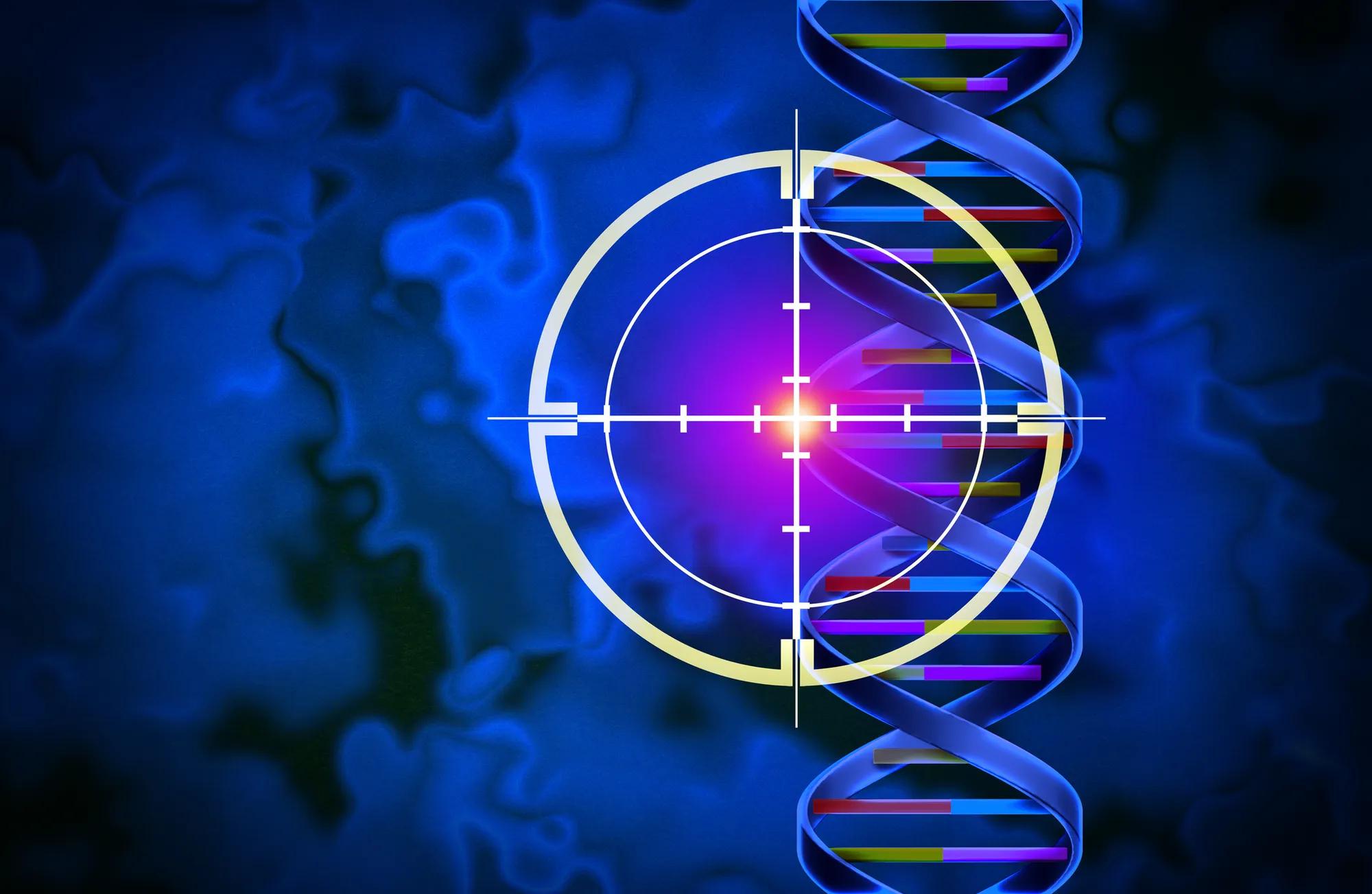 Illustration of a genetic target and DNA double helix associated with CRISPR