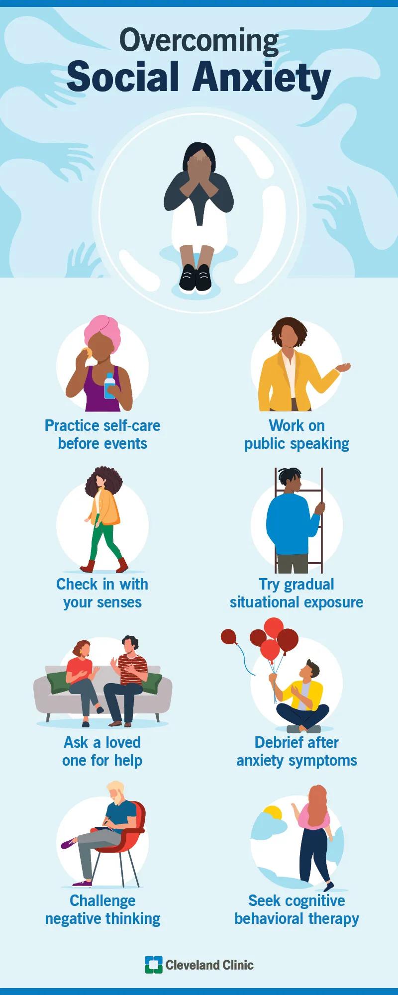 Tips to overcome social anxiety, including asking for help, practicing self-care and challenging negative thinking