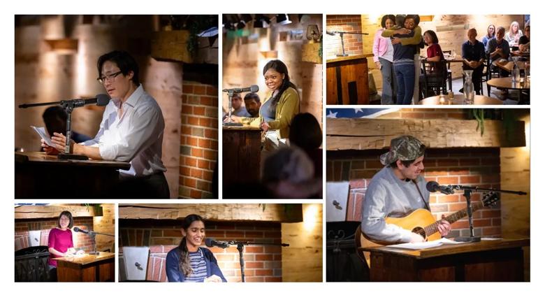 A collage of photos from the Story Slam event.