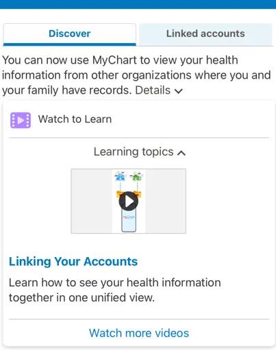 MyChart linking accounts screen